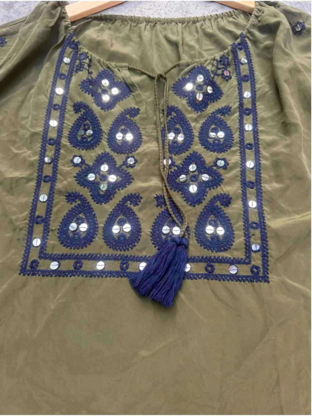 Tory Burch 100% Silk Embroidered Mirror Peasant Blouse Olive Green Boho Festival
